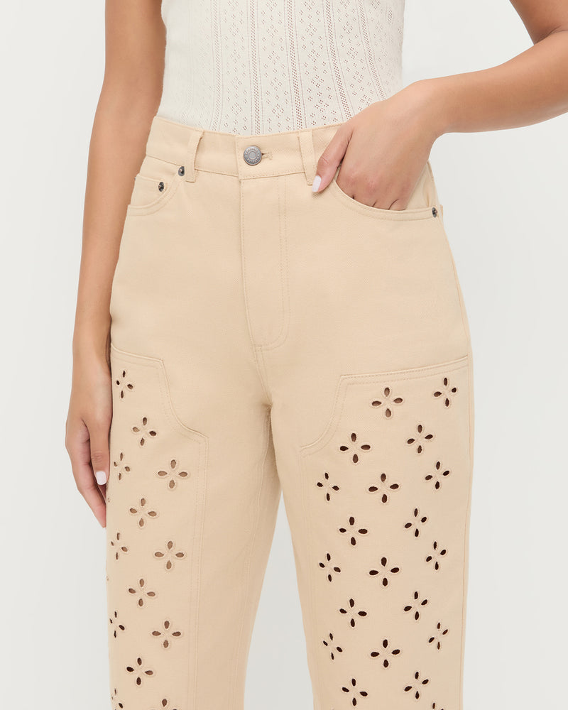 Demi Embroidered Pant in tan Japanese cotton twill with eyelet lace and Kerri Pointelle Tee in white cotton.