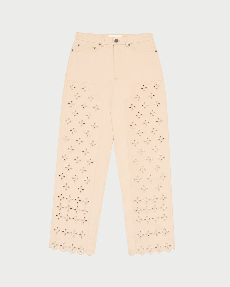 Demi Embroidered Pant in tan Japanese cotton twill with eyelet lace.