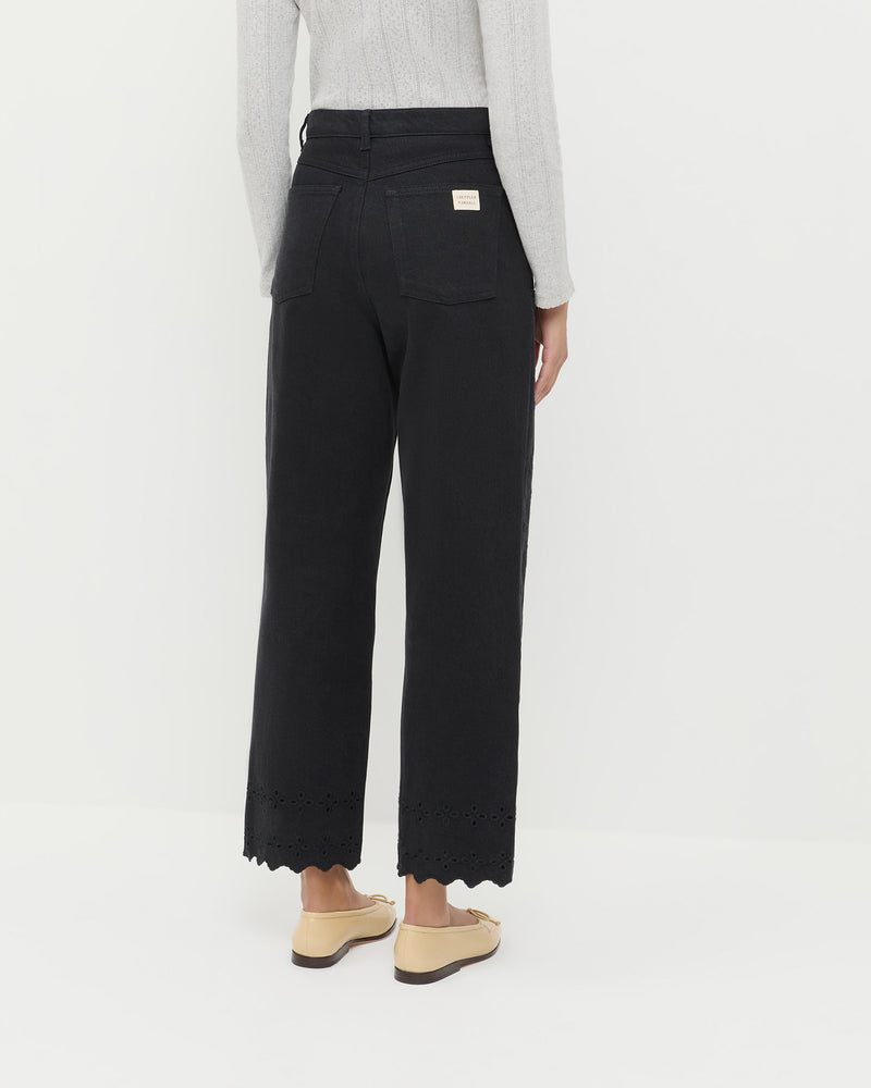 Demi Embroidered Pant in black denim and Lolo Pointelle Long-Sleeve Tee .