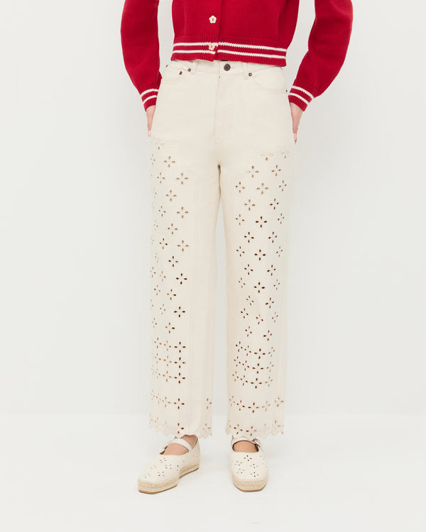 Demi Embroidered Pant in natural cotton, Cove Cardigan in red cotton, and Clover Natural Embroidered Espadrille.