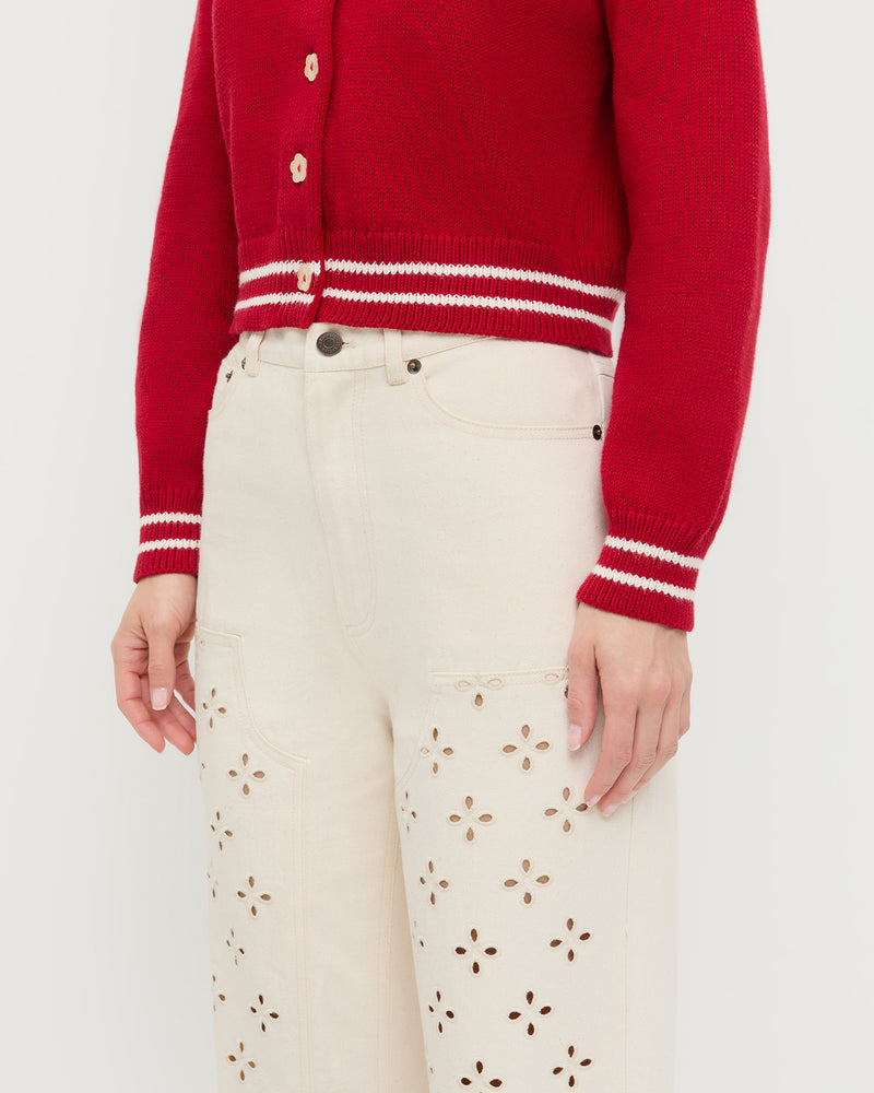 Demi Embroidered Pant in natural cotton and Cove Cardigan in red cotton.