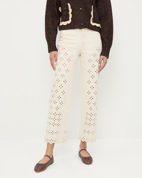 パンツ louren cutwork embroidery pant white S Buy White Cutwork Cotton Linen Pant by Designer TALITHA