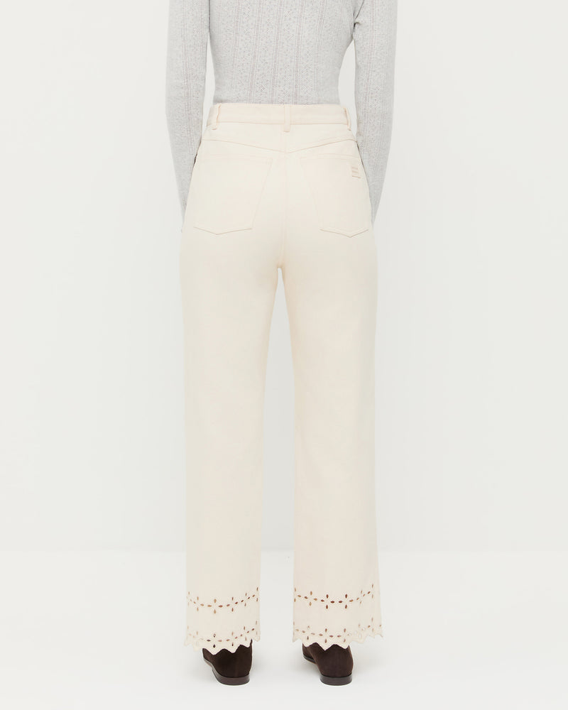 Demi Embroidered Pant in natural cotton, Lolo Pointelle Long Sleeve in grey cotton, and Noelle Brown Suede Ballet Flat.