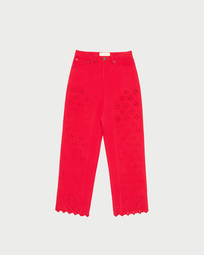 Demi Embroidered Pant in red denim.