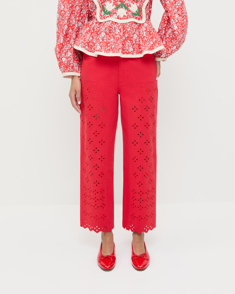 Demi Embroidered Pant in red denim, Rosa Top in red floral quilted cotton, and Noelle Red Ballet Flat.