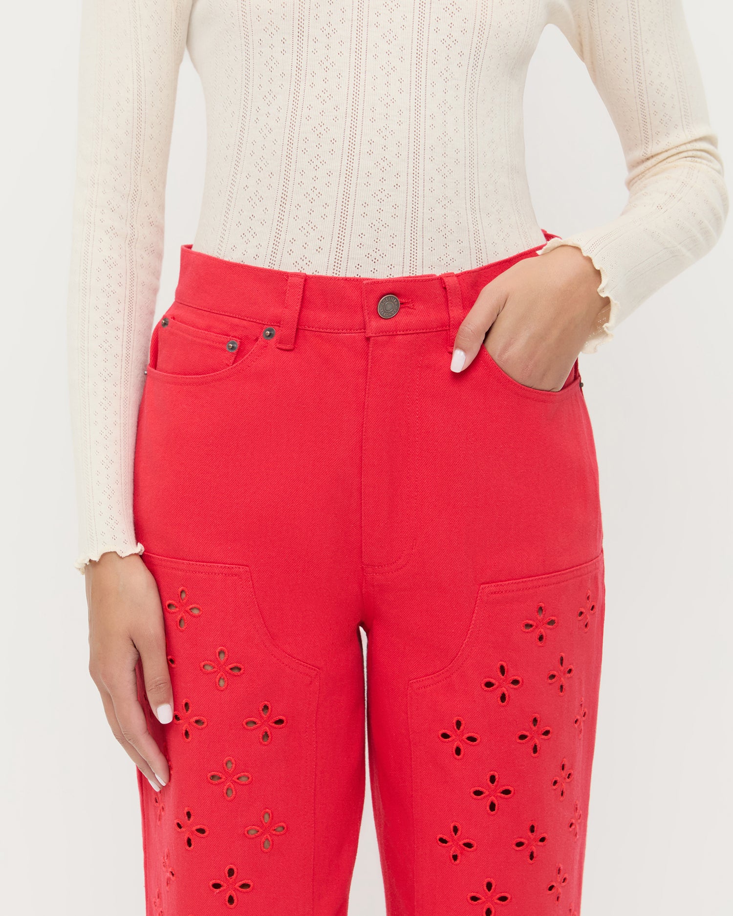 Demi Red Embroidered Pant | Bottoms | Apparel