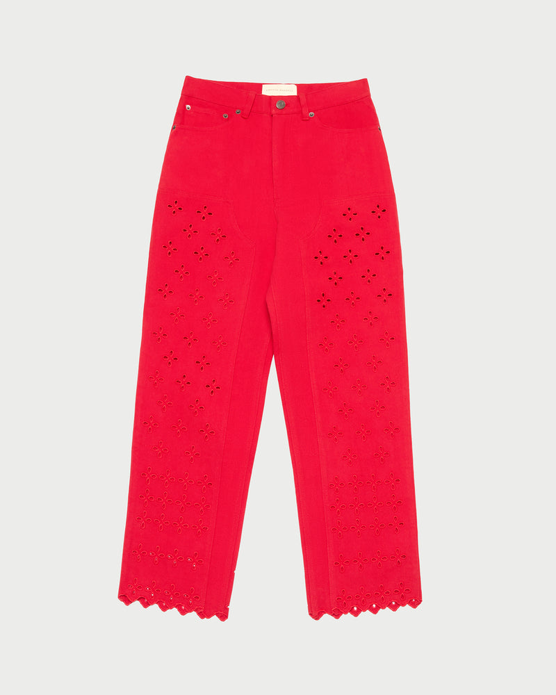 Demi Embroidered Pant in red denim.