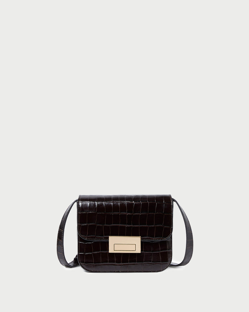 Desi Crocodile Leather Crossbody in ebony crocodile embossed leather