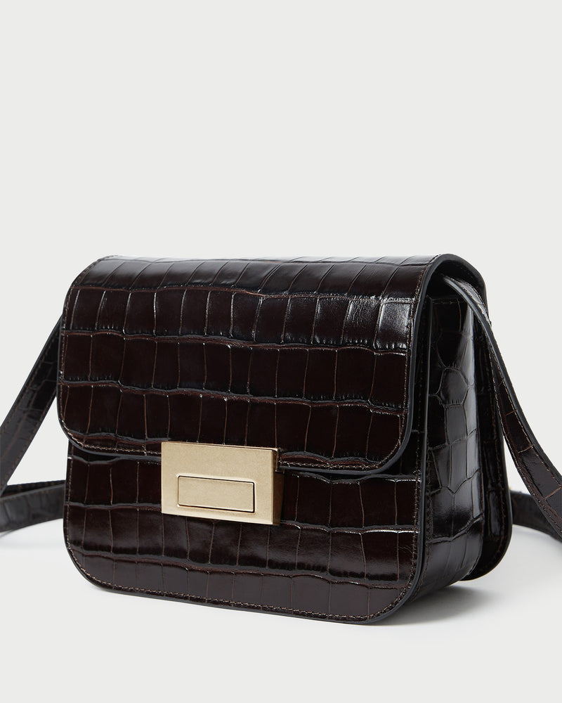 Desi Crocodile Leather Crossbody in ebony crocodile embossed leather