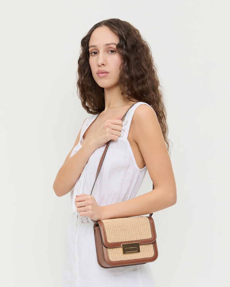 Desi Natural/Cacao Straw Crossbody in natural straw with cacao brown leather trim and Thelma Eyelet Dress in white cotton.