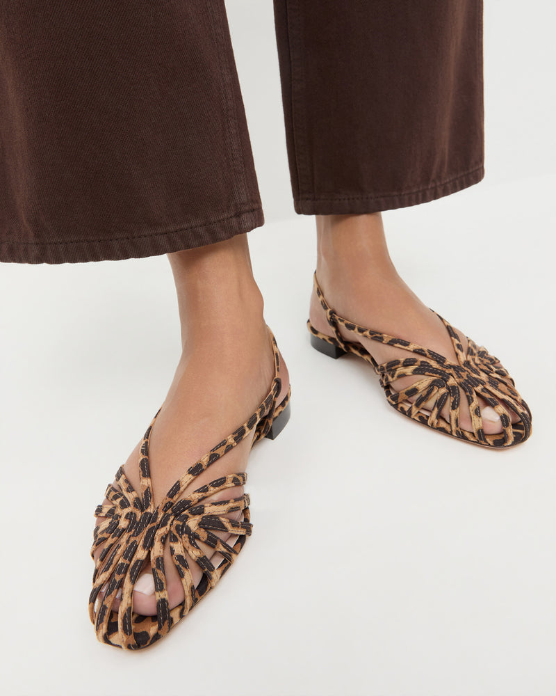 Devon Slingback Sandal in leopard faux suede and Molly Workwear Jean in brown denim.