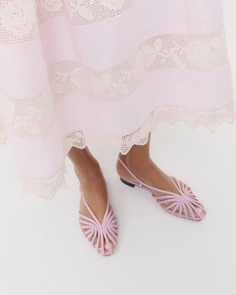 Devon Pink Moiré Flat Slingback Sandal in pink moiré and Poppy Lace Dress in pink cotton.