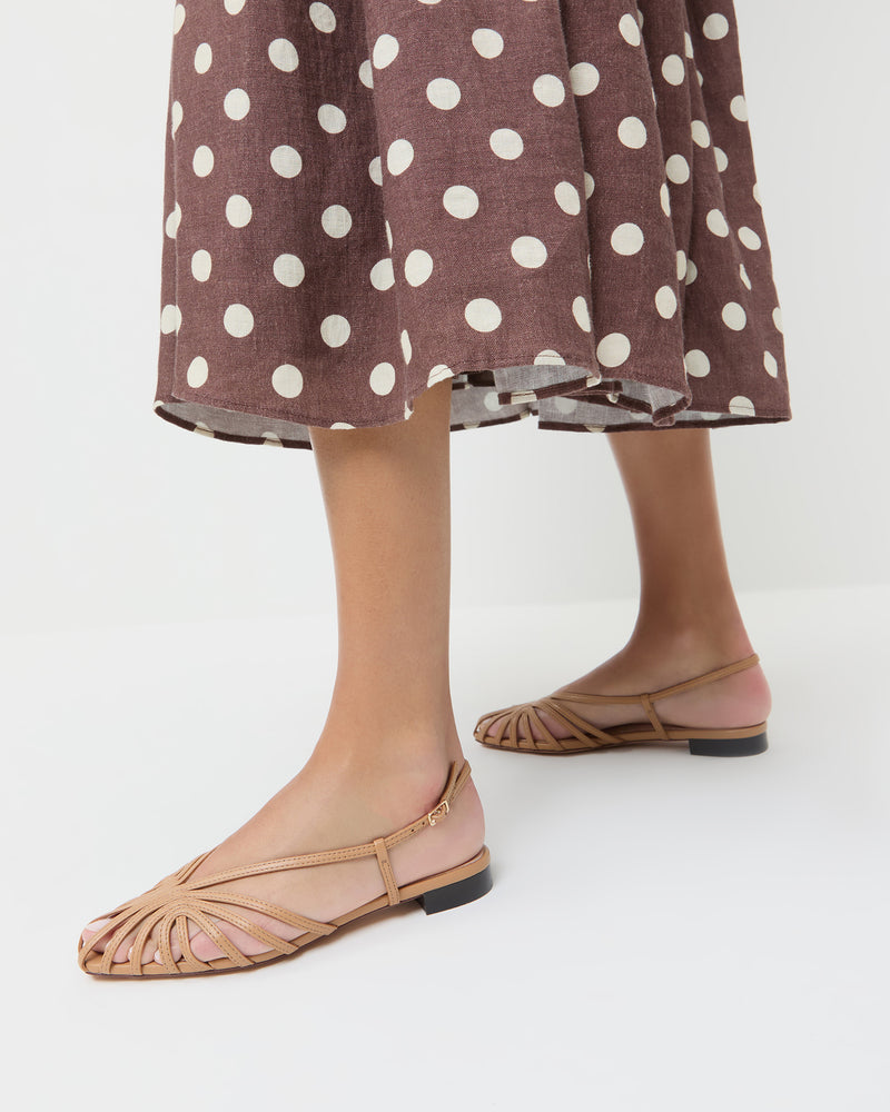 Devon Dune Flat Slingback Sandal in dune tan nappa leather and Valeria Skirt in brown and cream polka dot linen.