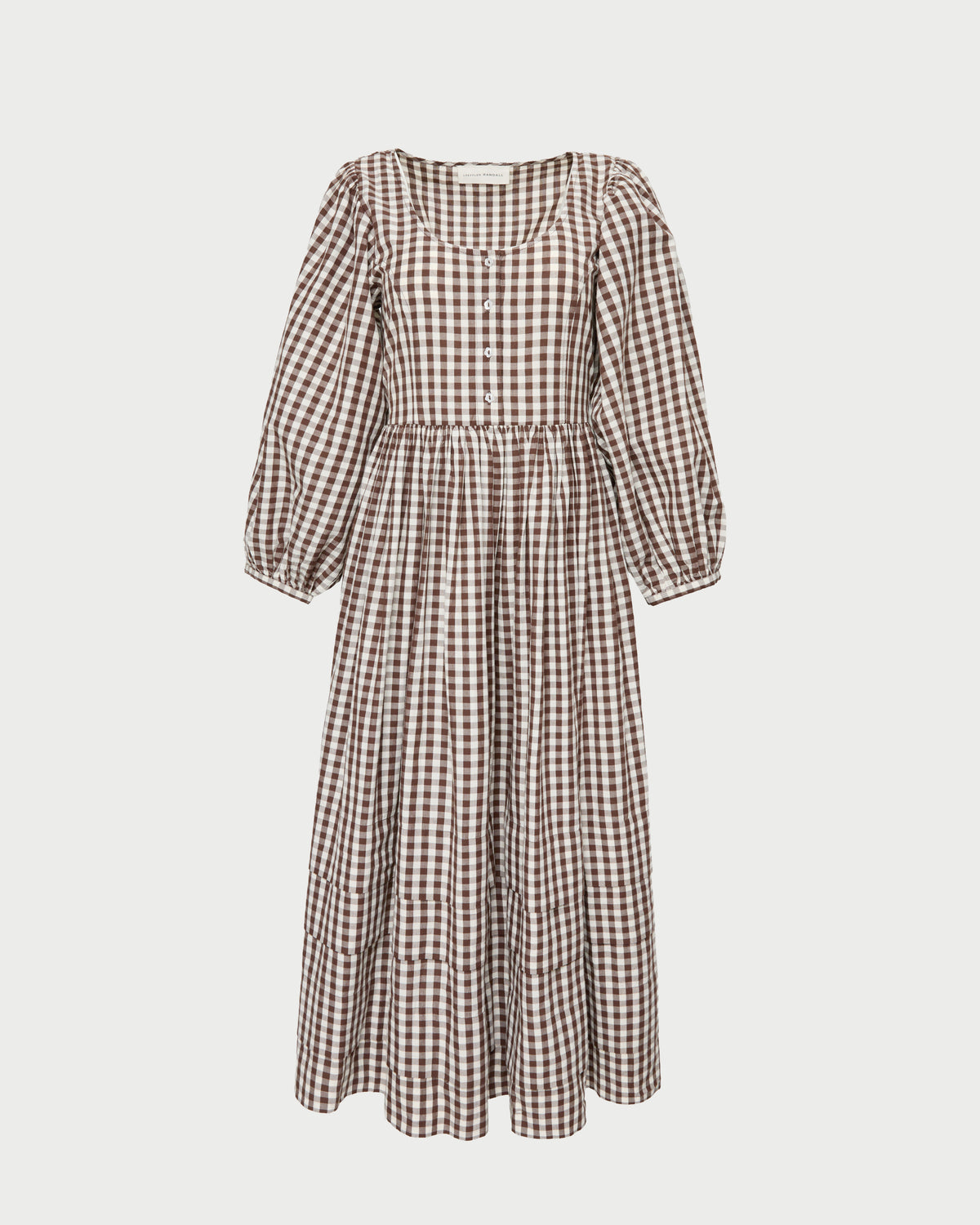 Diane Dress in brown and cream gingham cotton.