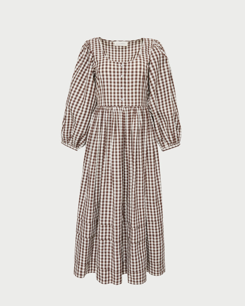 Diane Dress in brown and cream gingham cotton.