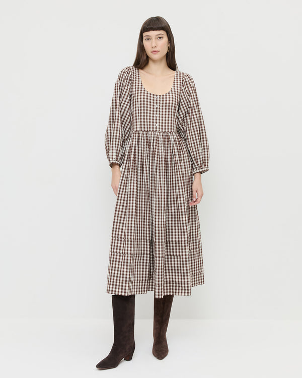 Diane Dress in brown and cream gingham cotton and Cleo Brown Suede Mid-Calf Boot.