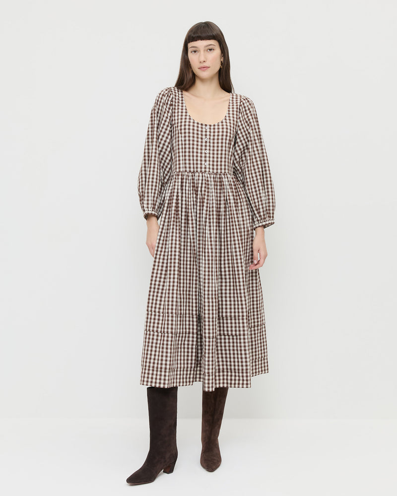 Diane Dress in brown and cream gingham cotton and Cleo Brown Suede Mid-Calf Boot.