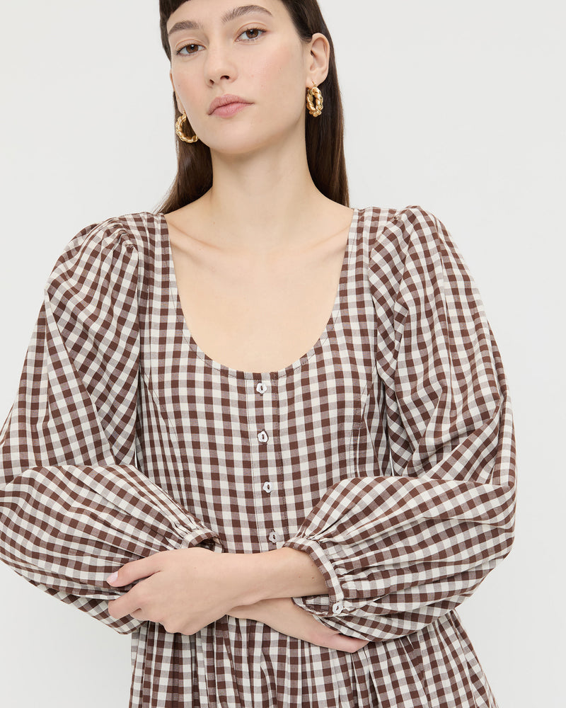 Diane Dress in brown and cream gingham cotton.