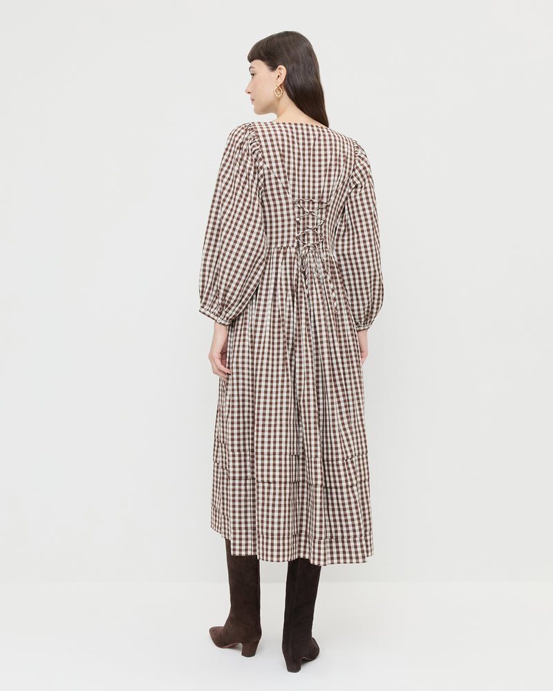Diane Dress in brown and cream gingham cotton and Cleo Brown Suede Mid-Calf Boot.