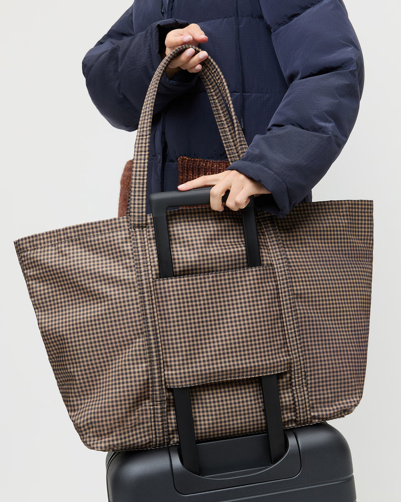 Dina Brown/Black Check Travel Tote in brown and black gingham nylon.