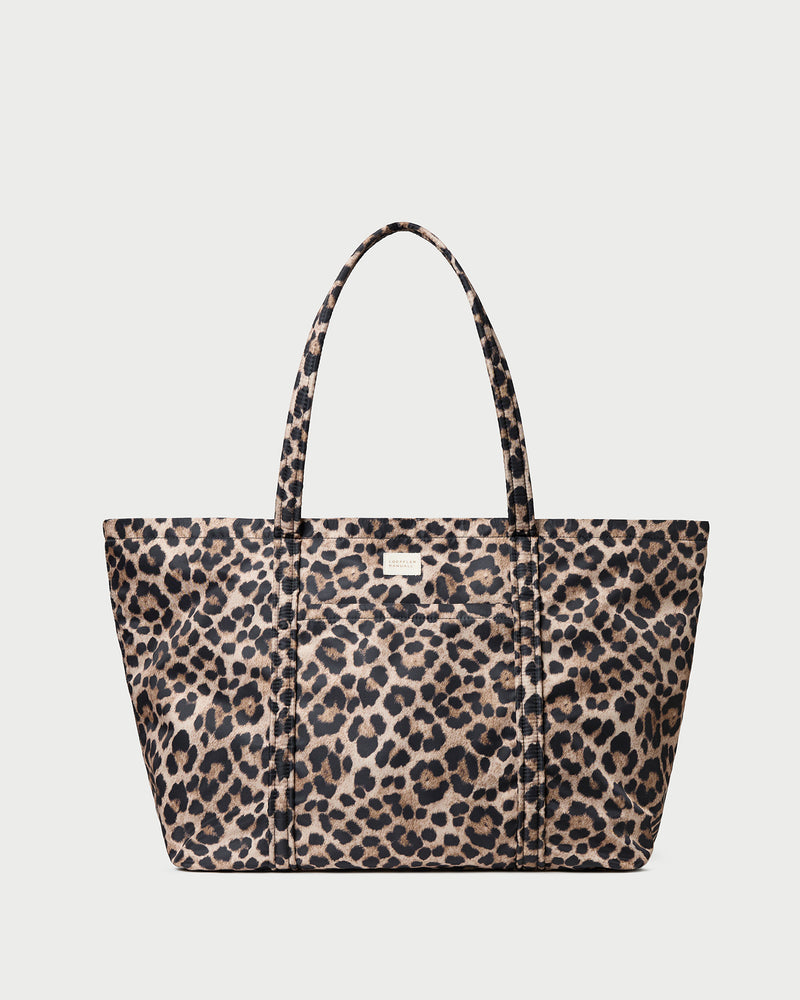 Dina Brown/Leopard Travel Tote in brushed leopard nylon.