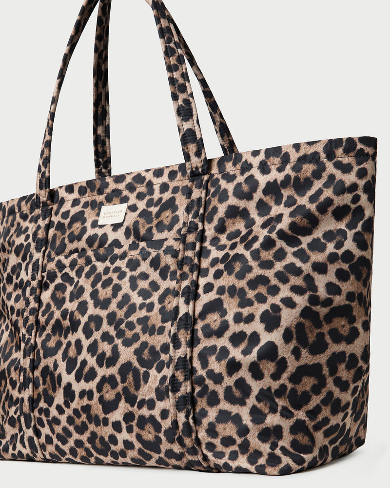 Dina Brown/Leopard Travel Tote in brushed leopard nylon.