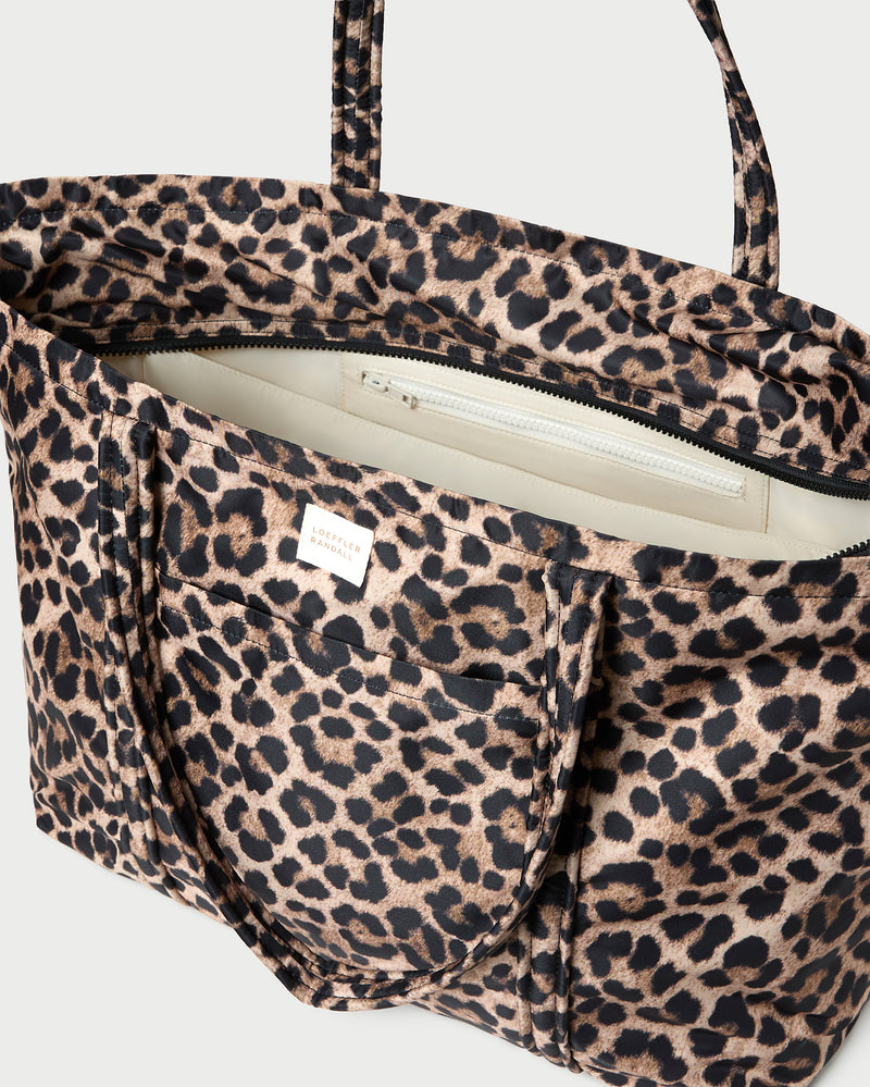 Dina Brown/Leopard Travel Tote in brushed leopard nylon.