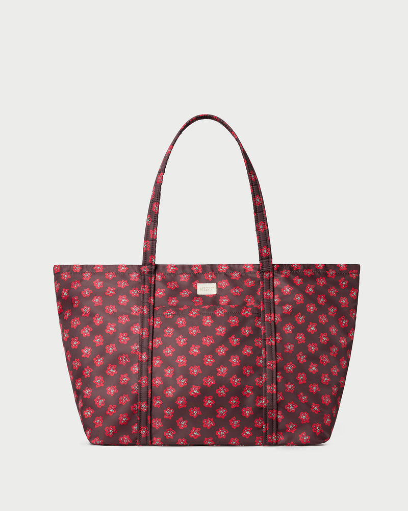 Dina Brown/Red Floral Travel Tote in brown and red floral nylon.