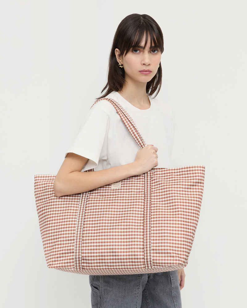 Dina Brown Gingham Travel Tote in brown gingham nylon.