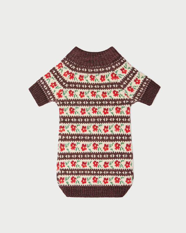 Intarsia Dog Sweater in brown and red intarsia wool.