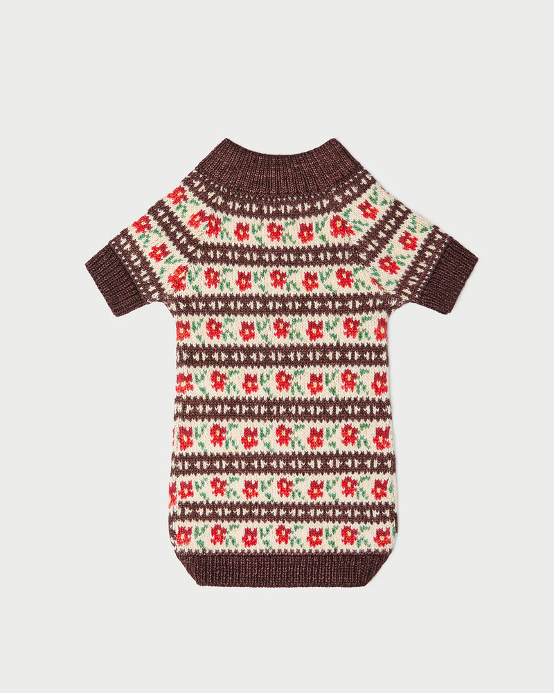 Intarsia Dog Sweater in brown and red intarsia wool.