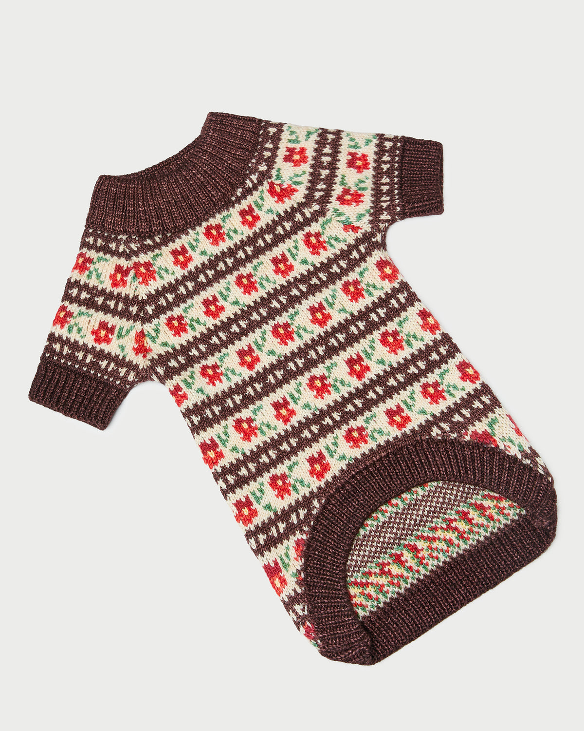 Intarsia Dog Sweater in brown and red intarsia wool.