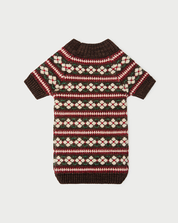 Intarsia Dog Sweater in brown floral and brown stripe intarsia wool.