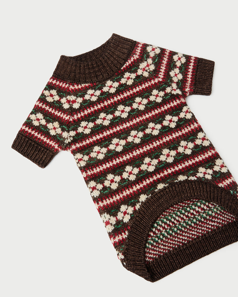 Intarsia Dog Sweater in brown floral and brown stripe intarsia wool.