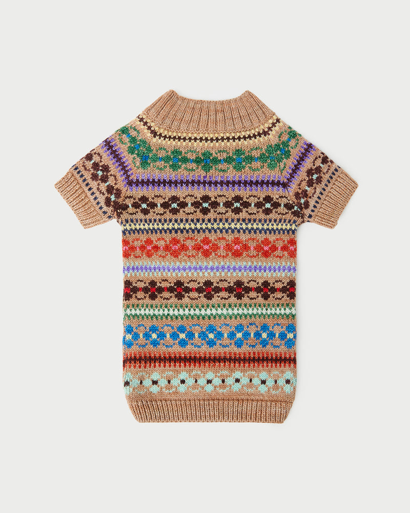 Intarsia Dog Sweater in camel floral intarsia wool.