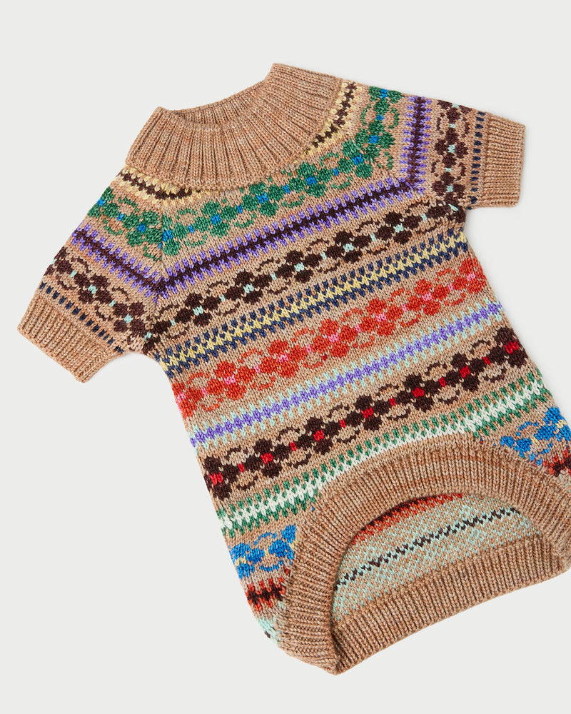 Intarsia Dog Sweater in camel floral intarsia wool.