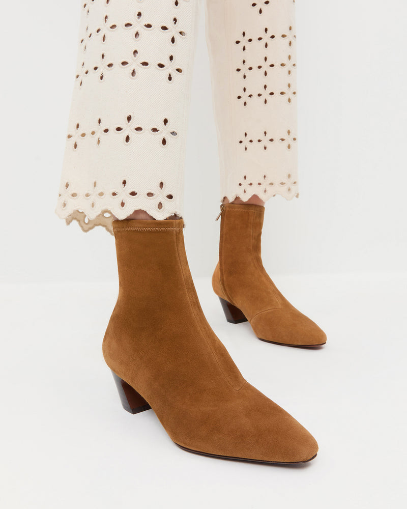 Doria Cacao Suede Ankle Boot in cacao brown suede and Demi Embroidered Pant in natural.