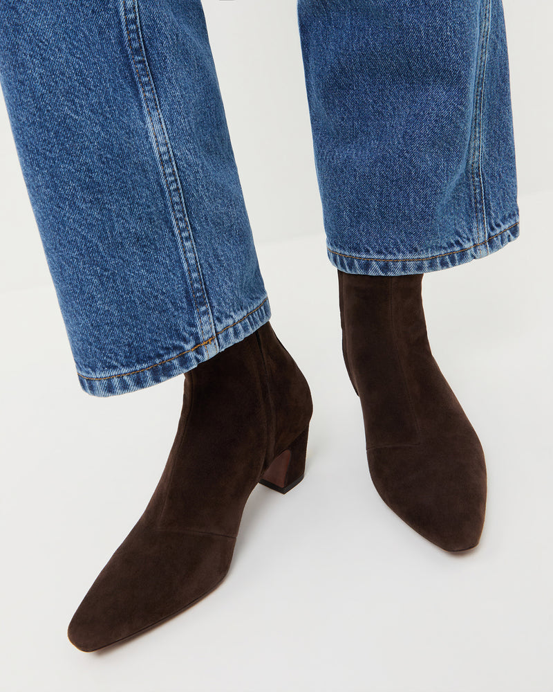 Doria Brown Suede Ankle Boot in brown suede and Molly Workwear Jean in medium washed blue denim.