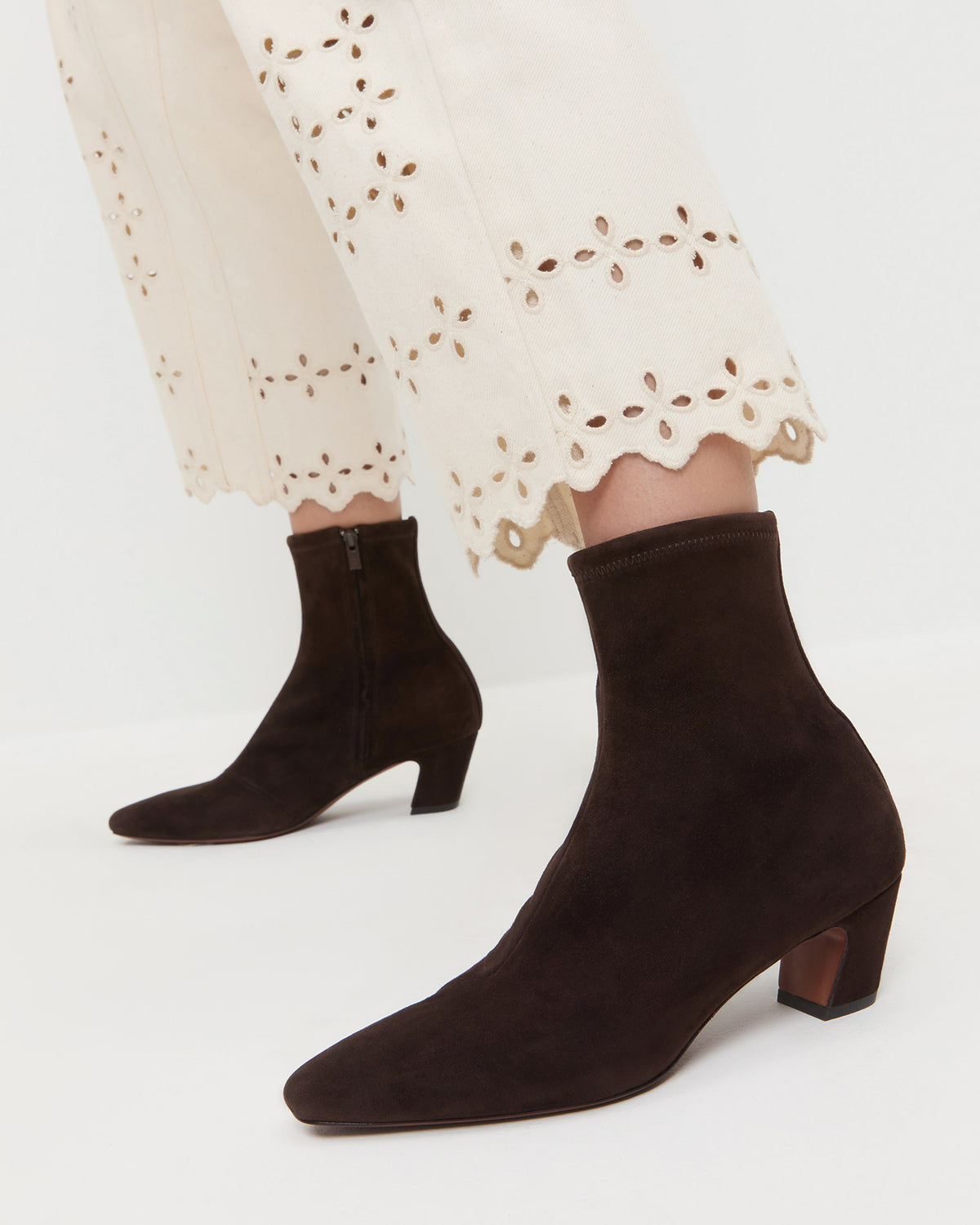 Doria Brown Suede Ankle Boot in brown suede and Demi Embroidered Pant in Natural.