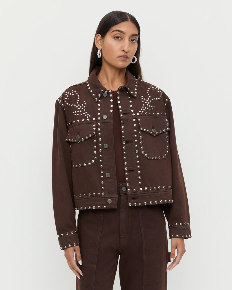 Elijah Studded Denim Jacket in espresso brown denim and silver studs and Molly Workwear Jean in dark brown.