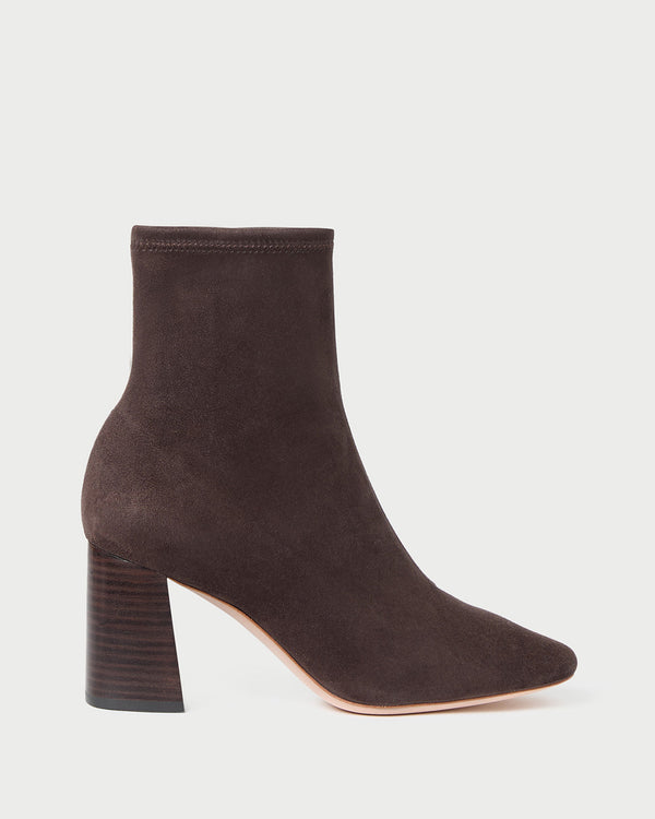 Elise Brown Suede Stretch Bootie in brown suede.
