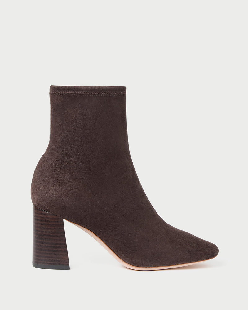 Elise Brown Suede Stretch Bootie in brown suede.