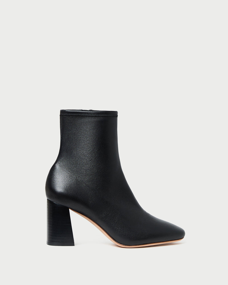 Elise Black Leather Stretch Ankle Bootie in black leather.
