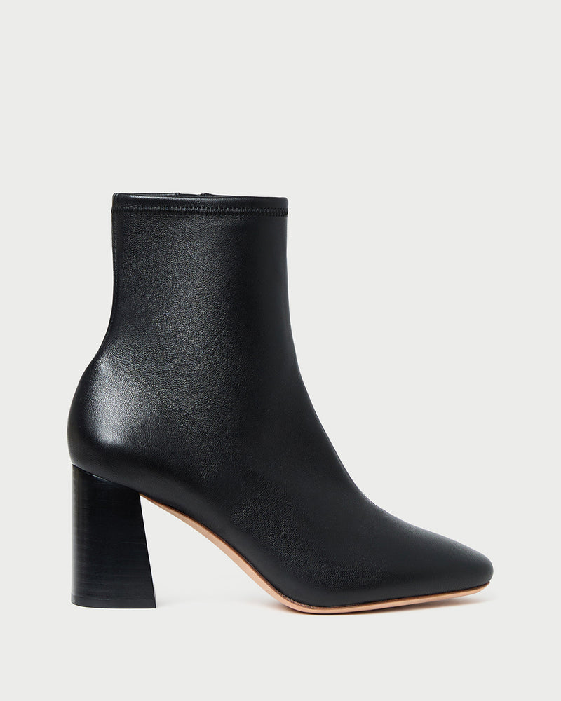Elise Black Leather Stretch Ankle Bootie in black leather.