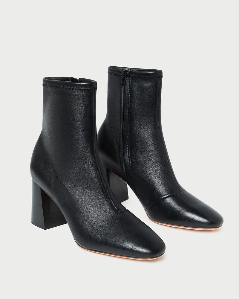 Elise Black Leather Stretch Ankle Bootie in black leather.