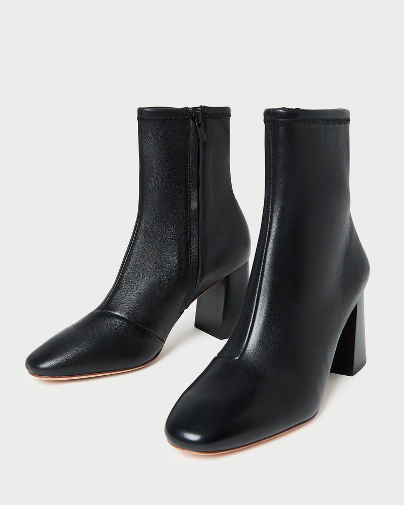 Elise Black Leather Stretch Ankle Bootie in black leather.