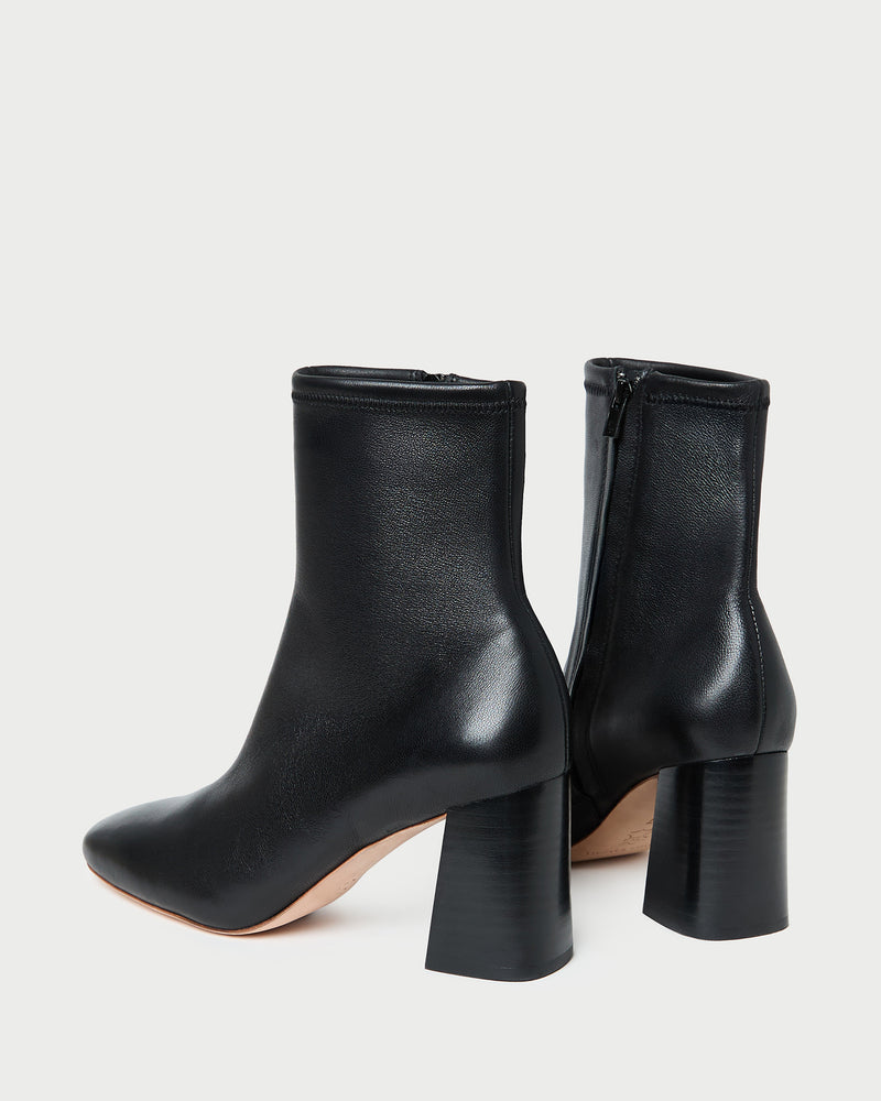 Elise Black Leather Stretch Ankle Bootie in black leather.