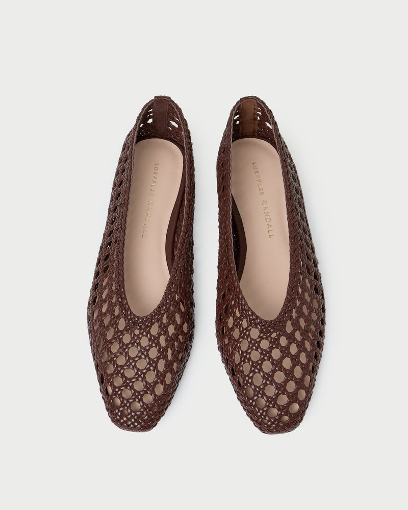 Emery Chocolate Ballet Flat in chocolate brown crocheted leather.