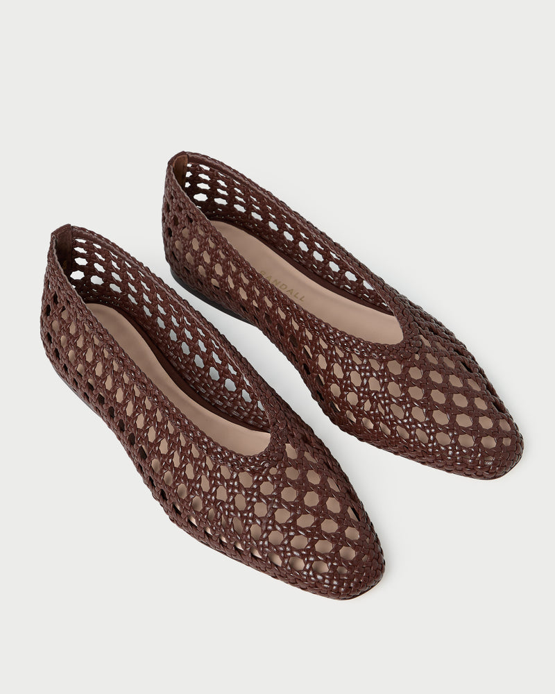Emery Chocolate Ballet Flat in chocolate brown crocheted leather.
