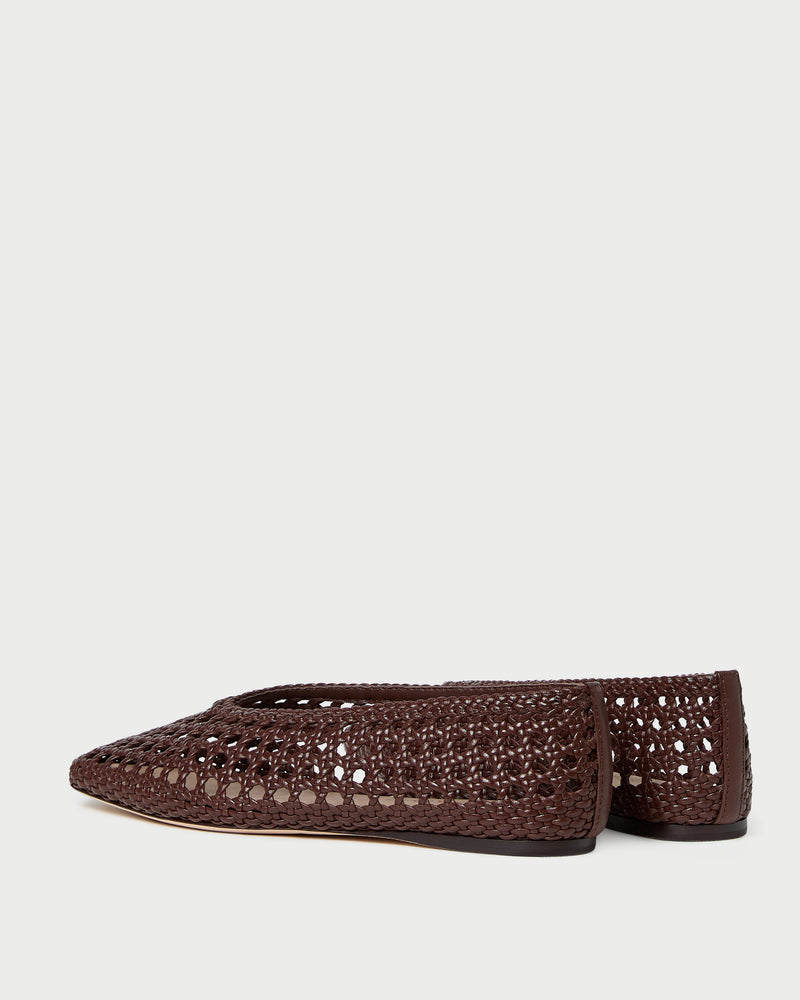 Emery Chocolate Ballet Flat in chocolate brown crocheted leather.